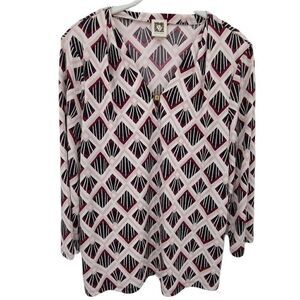 Anne Klein White, Pink, Burgundy, & Black Geo Print V-neck Stretchy Top Size S